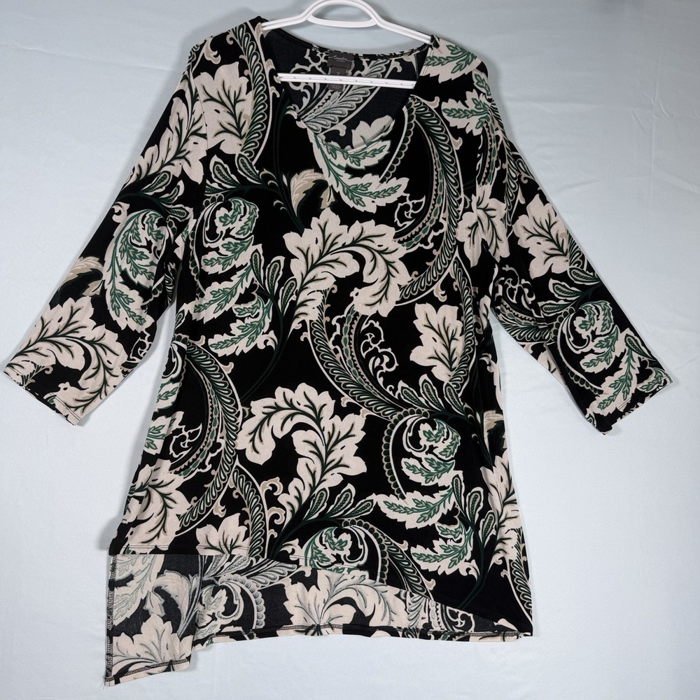 CHICO'S TRAVELERS Size-3 Hi-Lo Tunic Top Black Beige Green‎ Acanthus Leaf